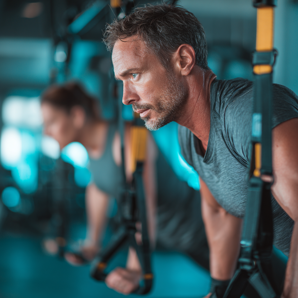 Adult fitness enthusiasts using advanced training equipment in well-designed workout space