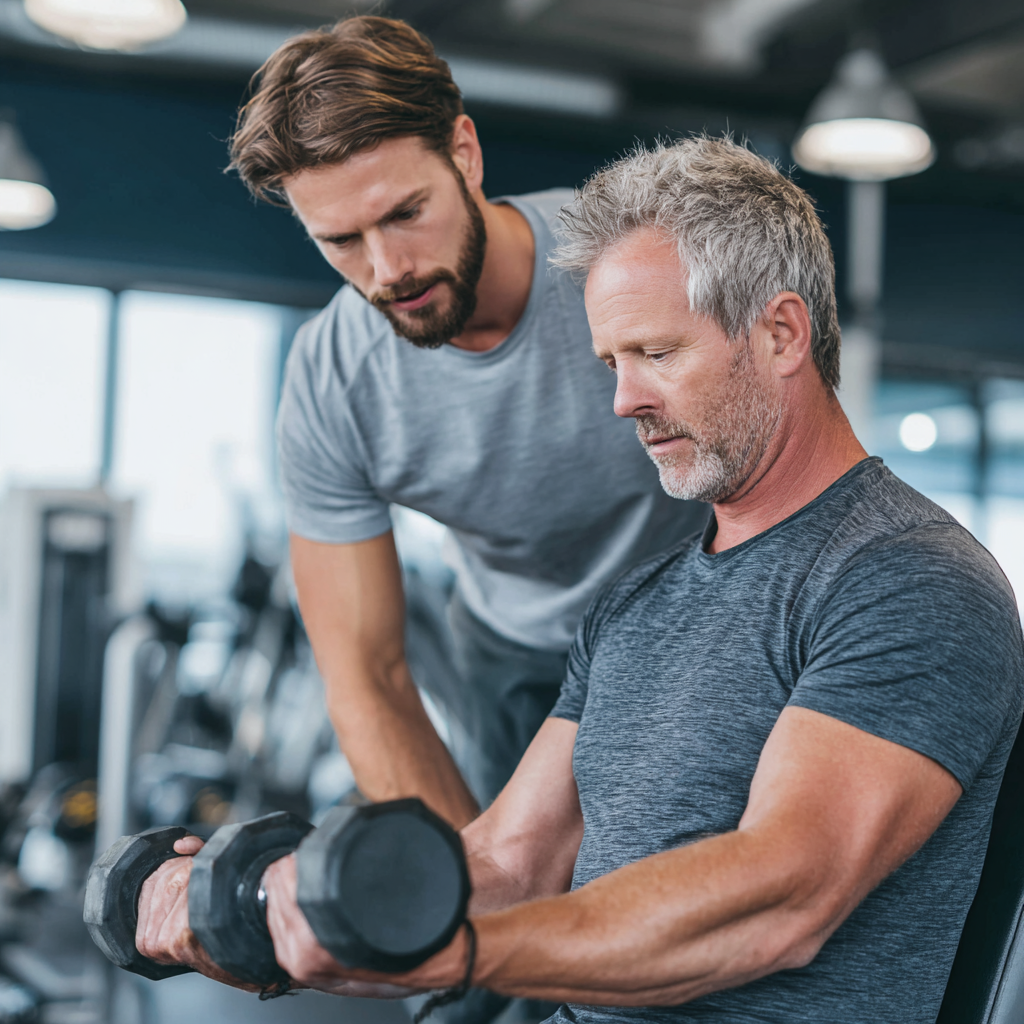Professional fitness trainer working with middle-aged client in modern gym facility